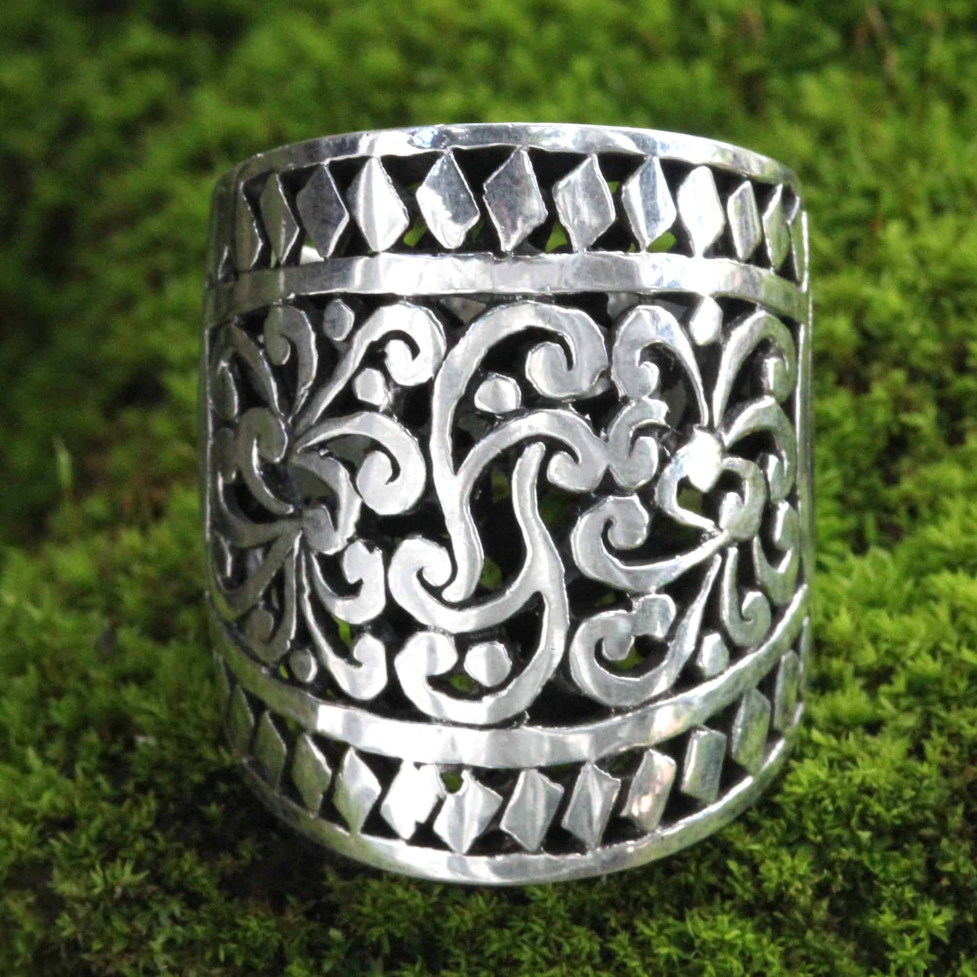 Wide Artisan Crafted Ornate Sterling Band Ring, 'Sangeh Forest'