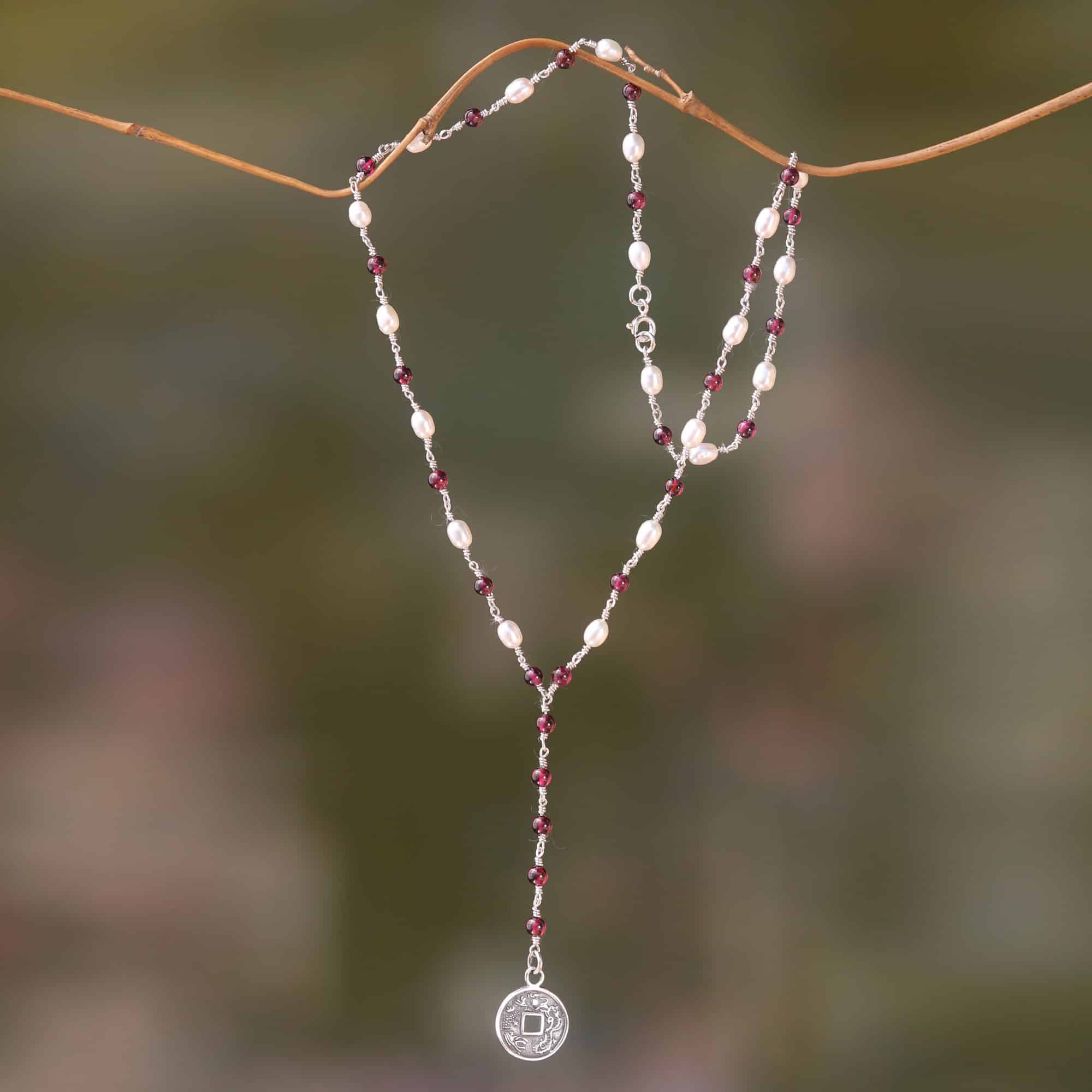 Y-Necklace with 925 Sterling Silver, Garnets and Pearls, 'Ivory and Crimson Pis Bolong'