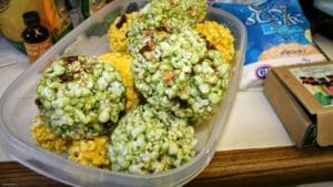 Homemade green popcorn balls