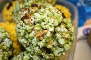 Homemade green popcorn balls