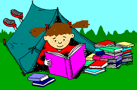 Little girl reading in tent clip art