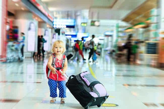 little girl with suitcase travel in the airport