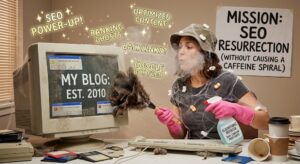 Woman in pink gloves sprays a dusty old computer labeled 'MY BLOG: EST. 2010' with a feather duster nearby; cobwebs and clutter surround the desk.
