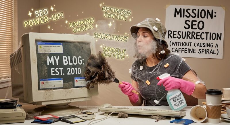 Woman in pink gloves sprays a dusty old computer labeled 'MY BLOG: EST. 2010' with a feather duster nearby; cobwebs and clutter surround the desk.