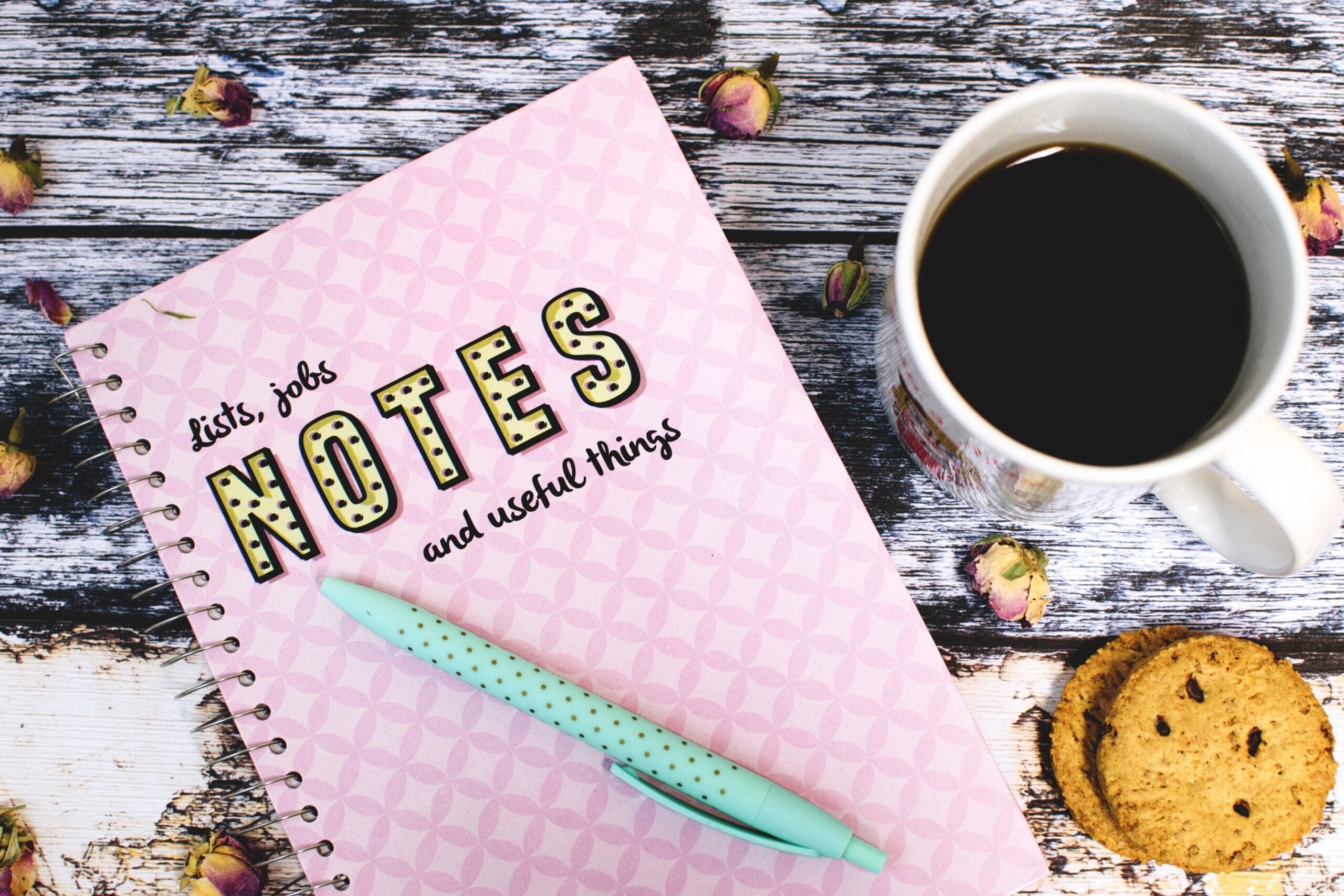 Notebook, coffee, cookies