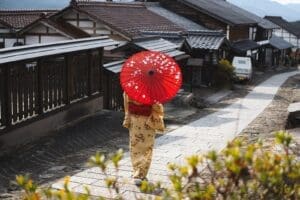 Budgeting Tips on vacation woman wearing a kimono with parasol 