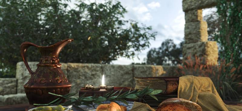 A table spread with ancient foods, a bread loaf and slices, a bowl of olive oil, and a large brass water pitcher in front of ruins.