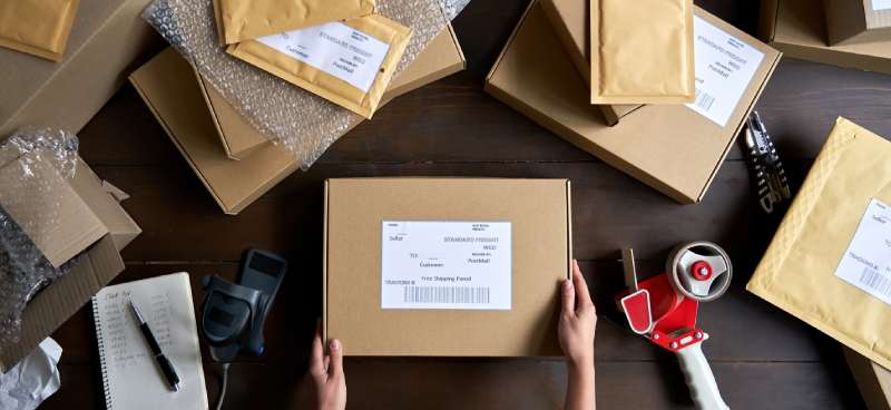 A dark wooden table displays various shipping materials, like bubble wrap, padded mailers, and cardboard boxes.