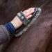 A person's hand holding a dense, hard brush against a horse's body. The horse has a dark brown coat and black mane.