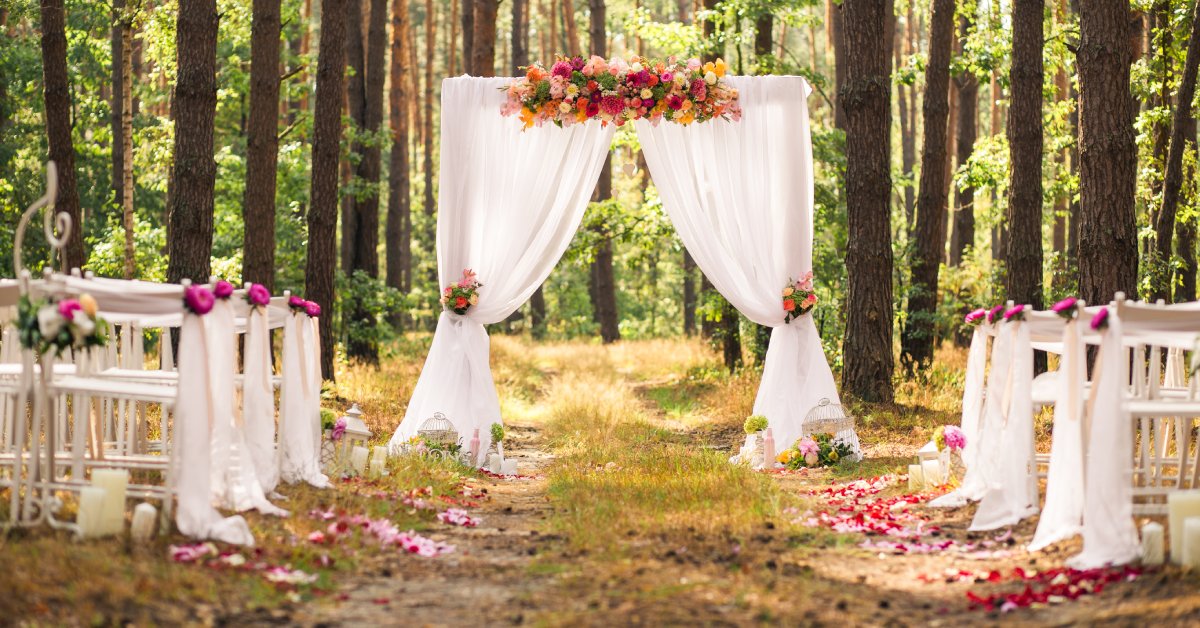 A woodland wedding ceremony with a fabric arch adorned with flowers. There are white chairs on both sides of the aisle.