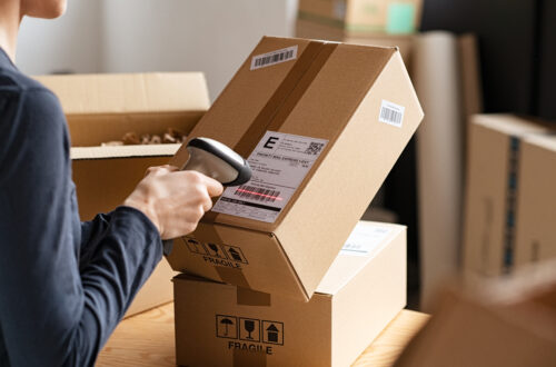 A person scanning the shipping label of a parcel. On the box, there are other shipping stickers and a Fragile marker.