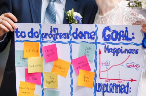 A bride and groom kiss on their wedding day as they hold a wedding to-do list in front of them outside.