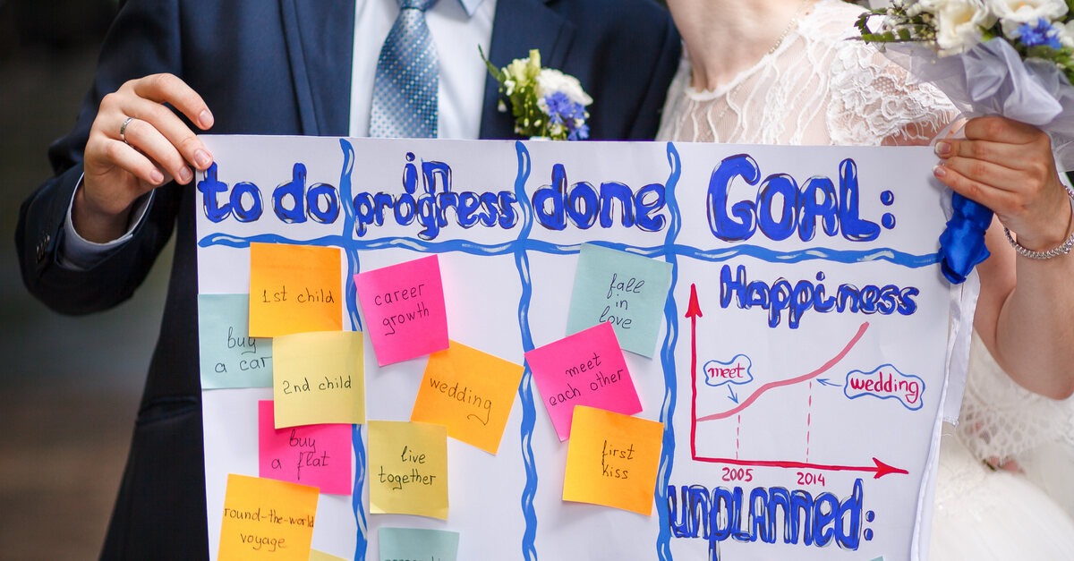 A bride and groom kiss on their wedding day as they hold a wedding to-do list in front of them outside.