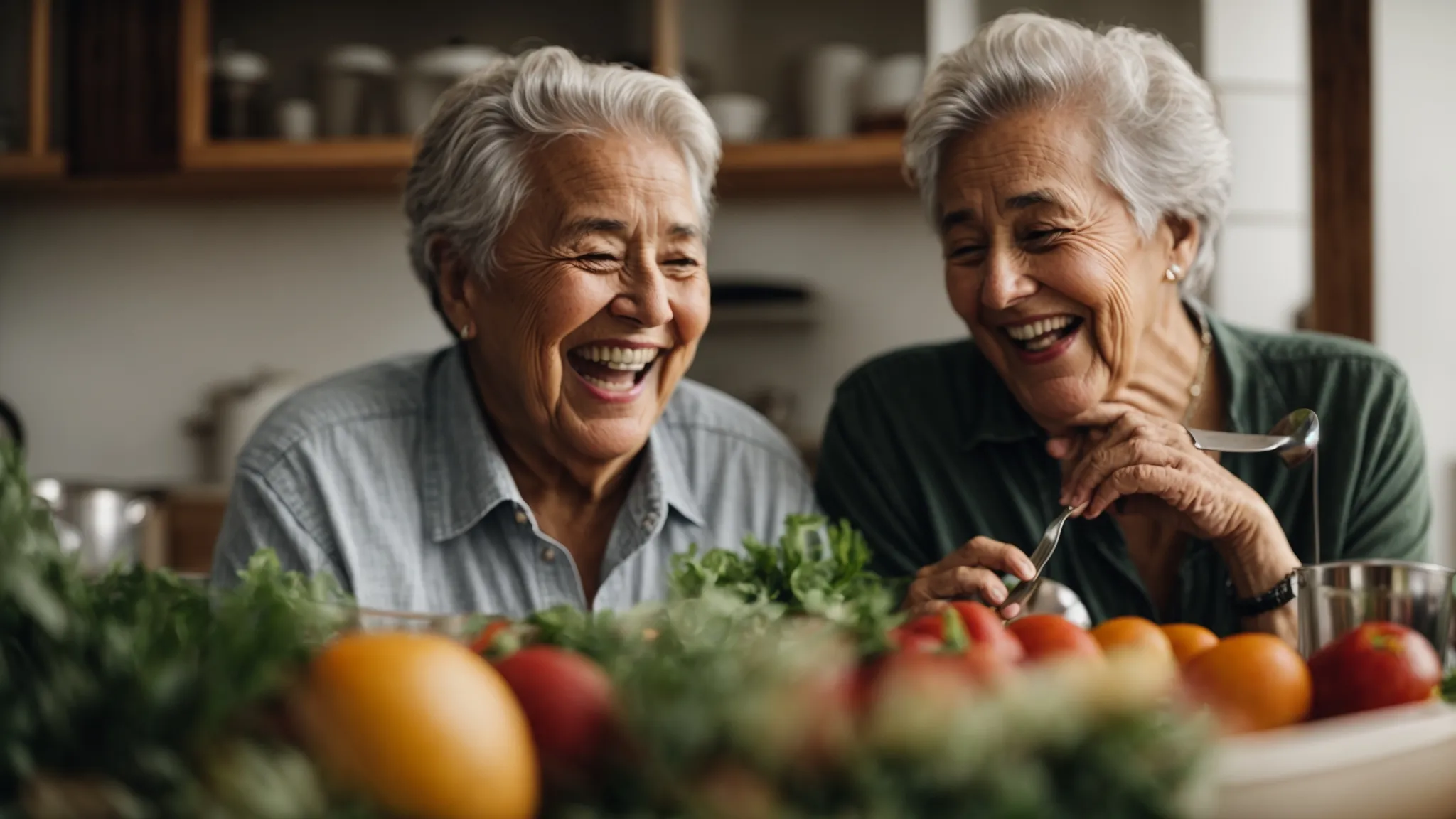 a senior couple laughing together while attending a cooking class designed to help them live independently.