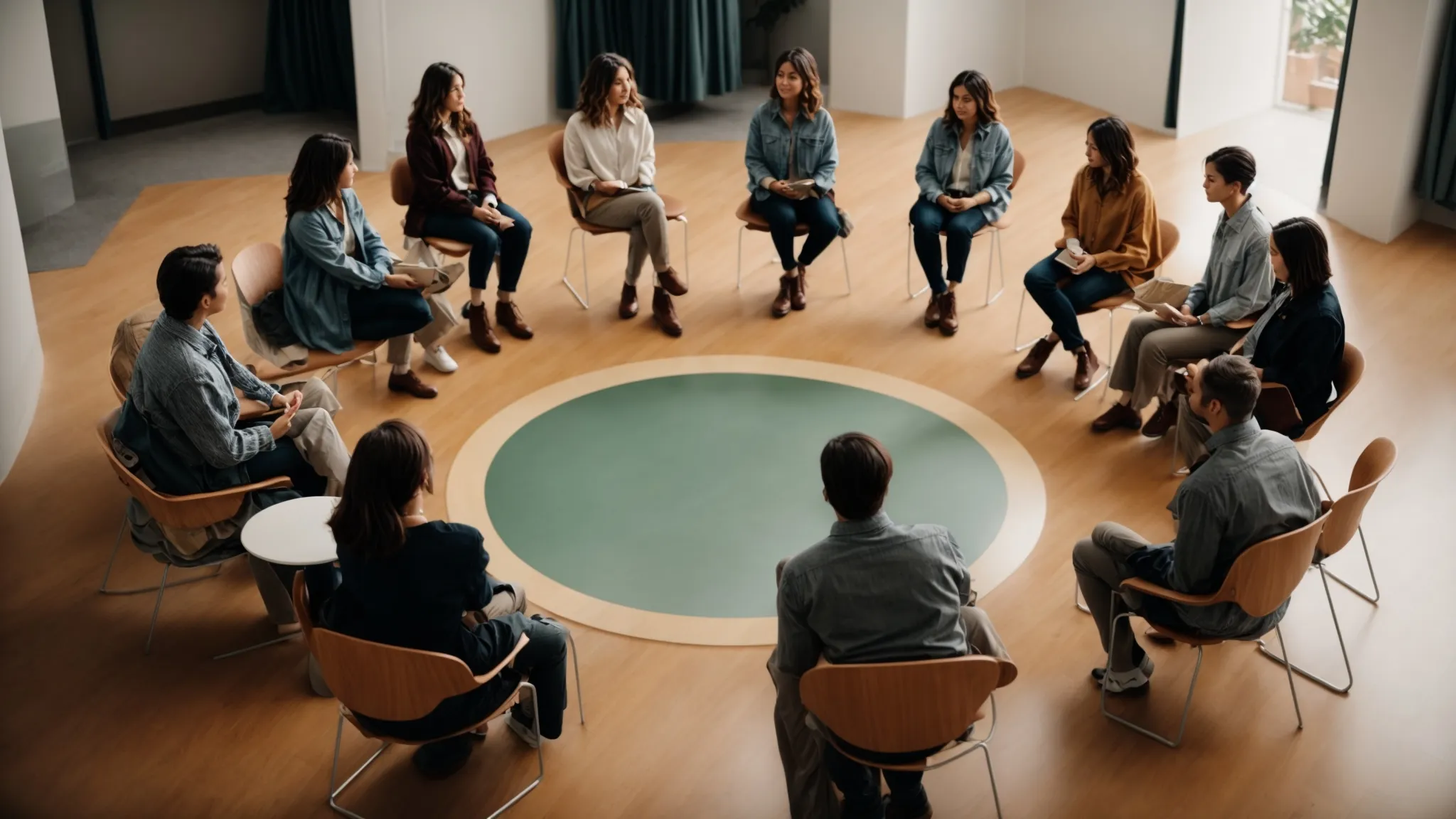 a circle of chairs occupied by people in a supportive group therapy session.