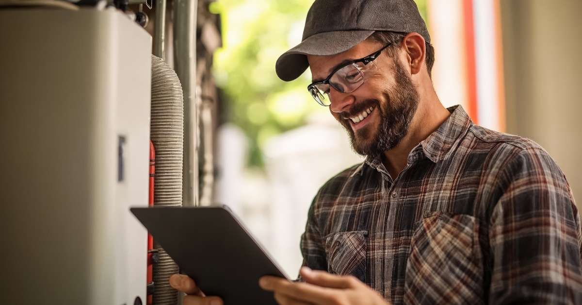 A smiling man wearing glasses, a hat, and a flannel shirt holds a clipboard and is in front of an HVAC unit.