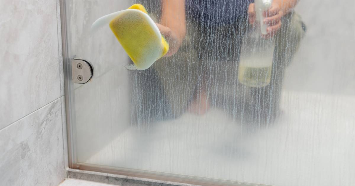 A person is using a spray bottle and sponge to clean a shower door that appears to have stains from hard water.
