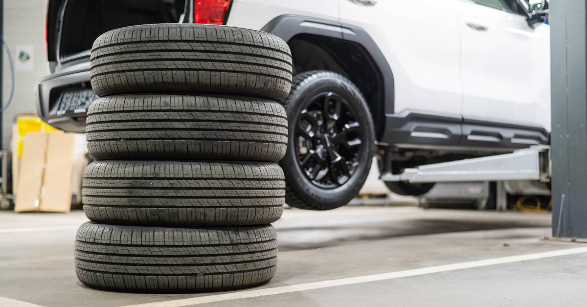 A white SUV is lifted up in a shop, and its trunk is open. A used tire stack sits on the ground next to it.
