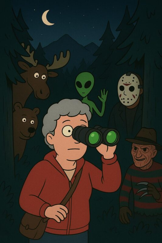 Me scared of the dark. Cartoon lady looking in binoculars in the dark with scary background