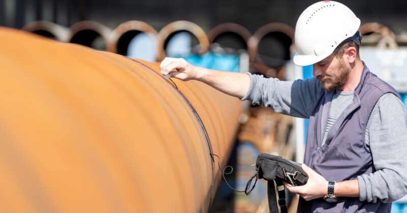 A man wearing a white hard hat, a gray vest, and a gray long-sleeve shirt holds a device up to an orange pipe.