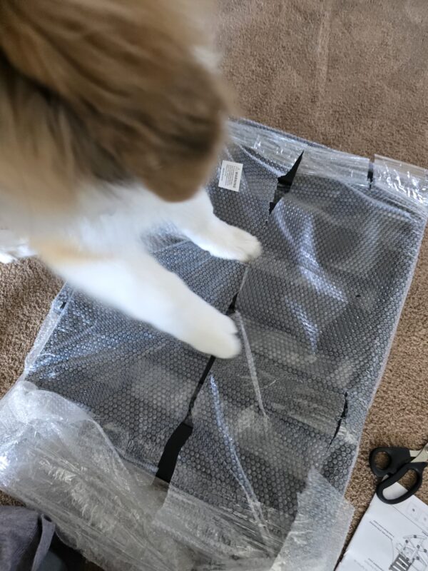 Close-up of a brown dog's nose and eye in the bottom left, with a carpeted floor and a wrapped metal item nearby. Disassembled Greenvines rocking chair frame parts on a carpet: metal slats, side rails, end rails, a pair of scissors, and an instruction manual 