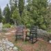 Outdoor seating area with 2 Greenvines rocking chairs on a stone patio, trees in the background.