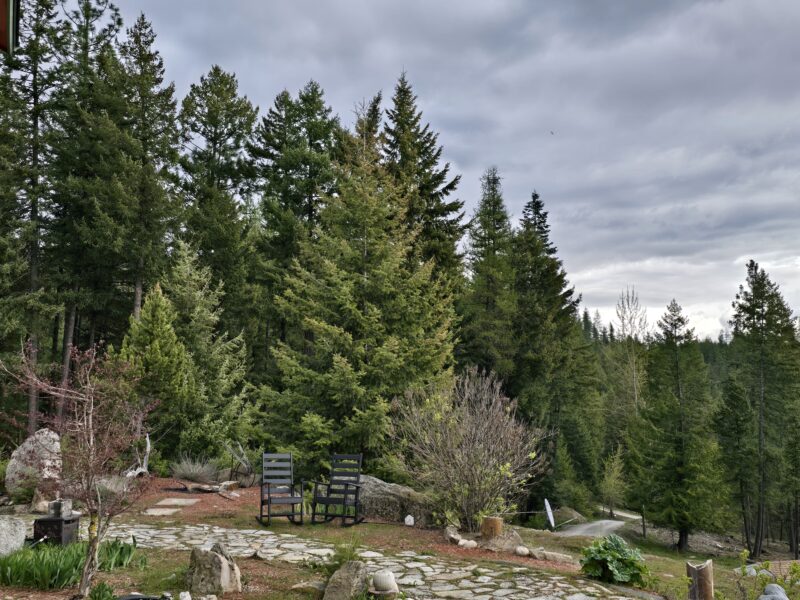 Stone-patio seating area with several black chairs and a dirt path, bordered by shrubs, overlooking a dense evergreen forest under a cloudy sky.
