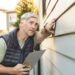 Man inspecting exterior house siding, touching wall while holding clipboard during home maintenance check.
