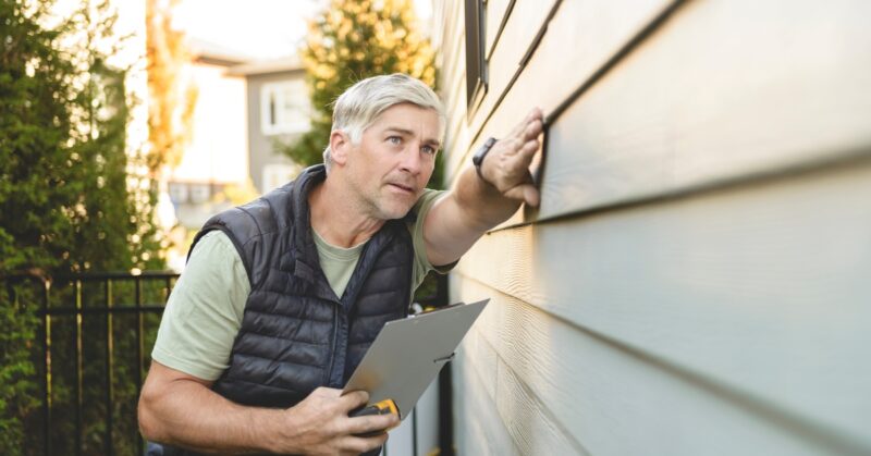 Man inspecting exterior house siding, touching wall while holding clipboard during home maintenance check.
