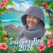 The traveling Non a lady wearing a travel pillow with a hood