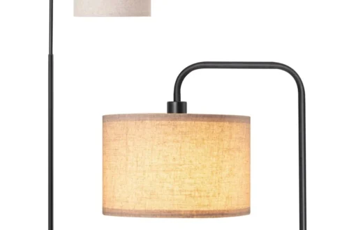EDISHINE Arc Floor Lamp with linen shade in a mountain home living room.