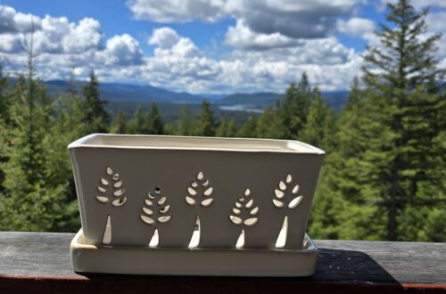 BuyMax Orchid pot with cutout leaf pattern on a wooden table, overlooking a forest and distant mountains under a cloudy blue sky.