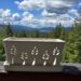 BuyMax Orchid pot with cutout leaf pattern on a wooden table, overlooking a forest and distant mountains under a cloudy blue sky.