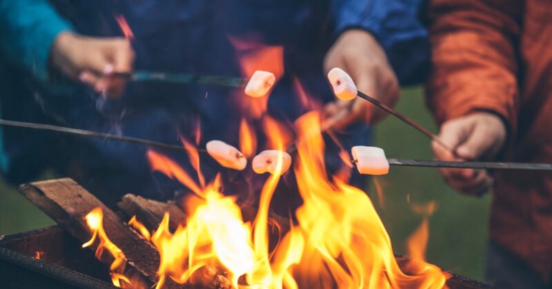 Four hands hold sticks with marshmallows over an open flame, roasting them above a fire pit with glowing flames.