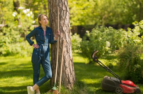 A woman wearing denim overalls leans against a tree holding a rake beside a lawn mower in a sunny green backyard.