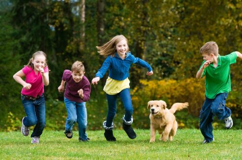 Four kids playing in the backyard, running and smiling with a Golden Retriever puppy. The grass is bright green.