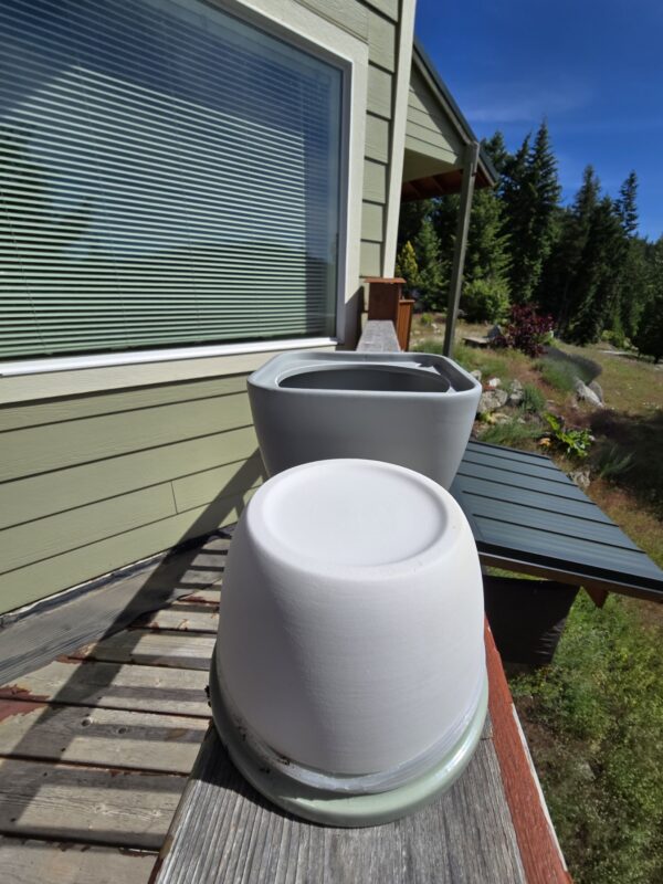 Large white planter on a wooden deck railing in front of a green-siding house with a window and blinds, with trees and blue sky in the background.