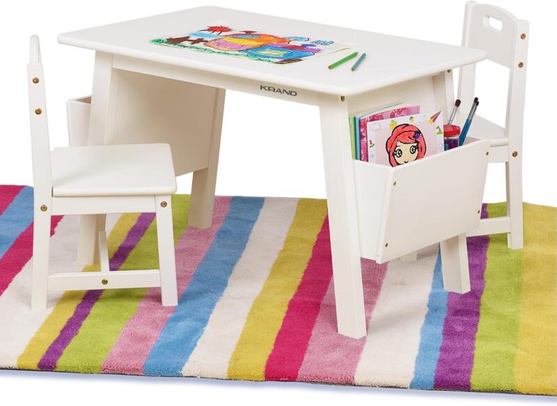 Kids Solid Wood Table and 2 Chair Set with Built-in Storage Cases Children's Storage Table and Chair Set