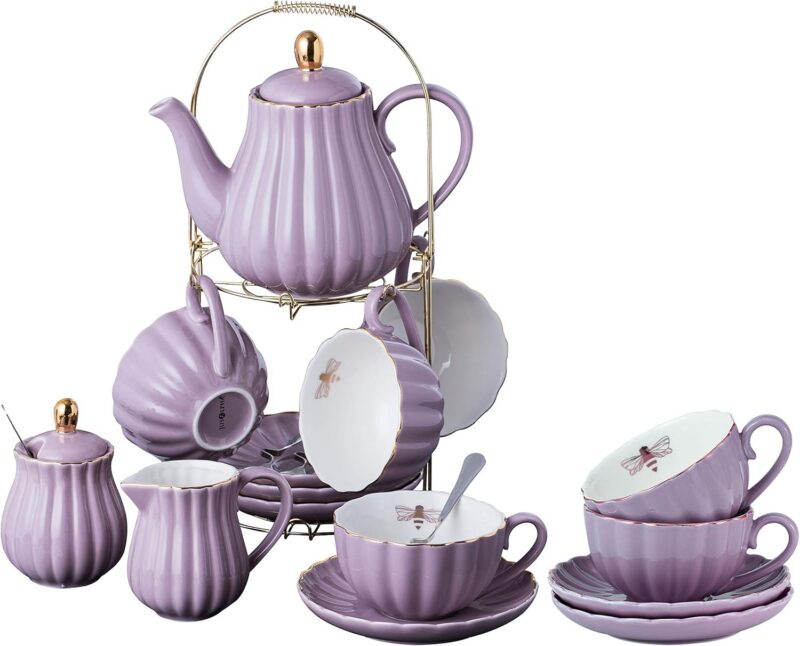 Fine China Pink Coffee Cup/Teacup Set, 8 OZ Cups & Saucer, with Teapot-Sugar Bowl-Cream Pitcher Teaspoons and tea strainer for Tea/Coffee Amazon Prime Days June 2026