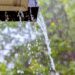 Water pours from the end and underside of a roof gutter during heavy rain. The background shows blurred green trees.