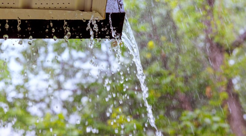 Water pours from the end and underside of a roof gutter during heavy rain. The background shows blurred green trees.
