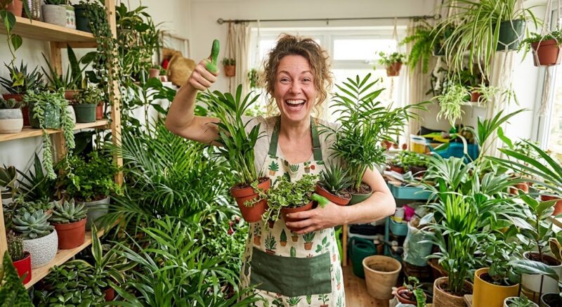 Indoor gardening. A woman with a lot of plants and a green thumb. 