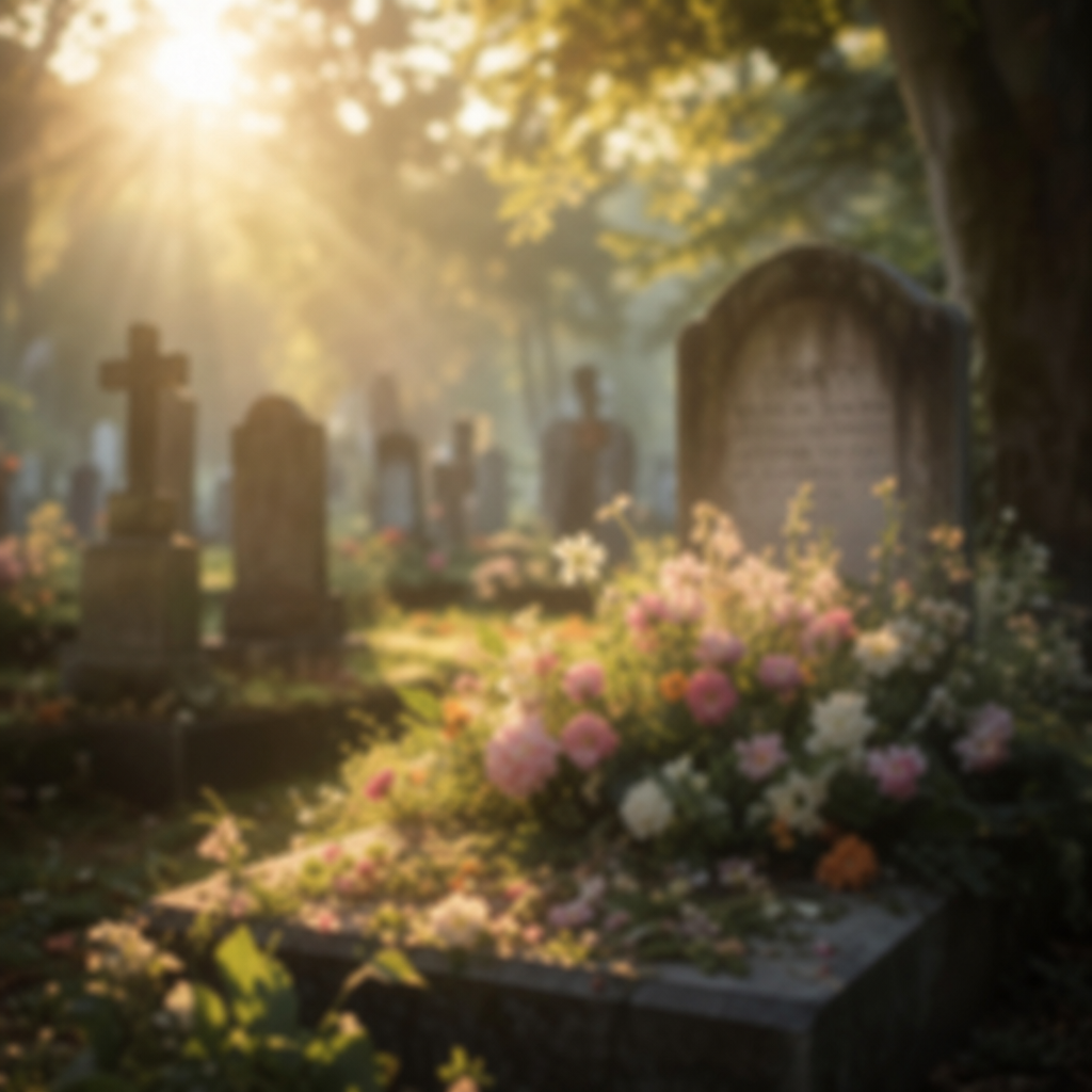 blurry graveyard with soft sunlight.