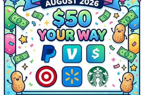 Bright giveaway poster announcing '$50 Your Way' with brand logos (PayPal, Venmo, Target, Starbucks, etc.), confetti and balloons, ends August 31, 2026.