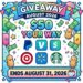 Bright giveaway poster announcing '$50 Your Way' with brand logos (PayPal, Venmo, Target, Starbucks, etc.), confetti and balloons, ends August 31, 2026.