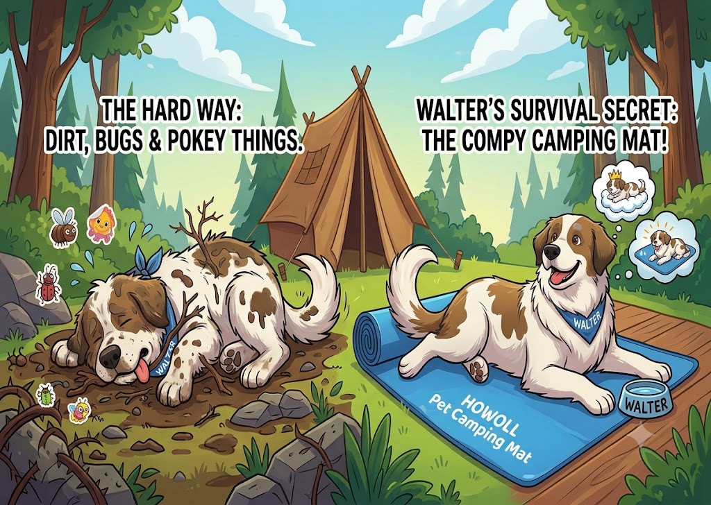 walter cartoon for the Howoll Pet Camping Mat