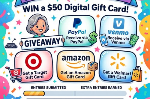 Giveaway Logo Colorful giveaway banner promoting a $50 digital gift card prize with options from PayPal, Venmo, Target, Amazon, and Walmart.