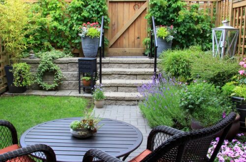 A small fenced-in backyard with various plants, steps leading to a gate, and a small table with two matching chairs.