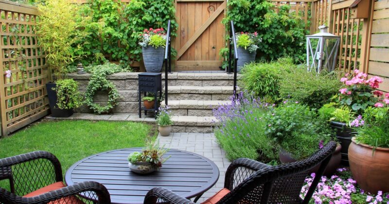 A small fenced-in backyard with various plants, steps leading to a gate, and a small table with two matching chairs.