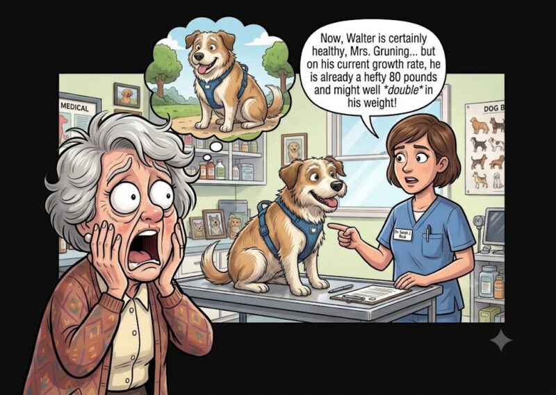 cartoon of dog at the vet telling lady he will double in weight. 